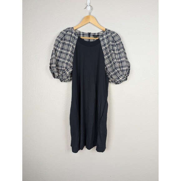 COS Dress Womens Medium Navy Blue Plaid Puff Sleeve Midi - Picture 2 of 12